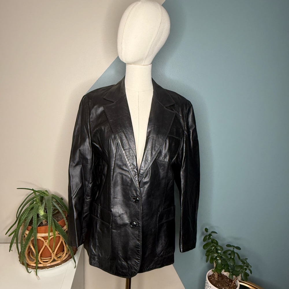 Vintage 90s Black Leather Blazer Minimalist Tailored Jacket M Carson Pirie Scott - Picture 2 of 12